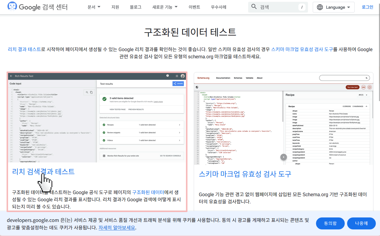 Google 구조화된 데이터 테스트 도구 페이지